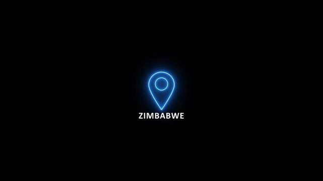 Neon glowing blue location pin looped icon with the word Zimbabwe on a black background. Modern Zimbabwe country map marker design. Place search and direction icon.