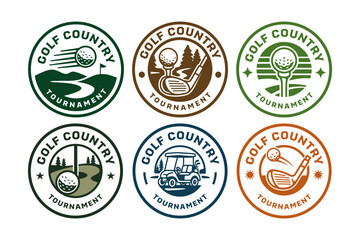 Golf country tournament, Golf club, Ball, Putter, Course, Cart badge vector illustration template graphic design collection for golf competition sport, adventure and outdoor merchandise