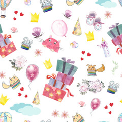 seamless textile background with kids toys, gifts, hearts, flowers, bolls