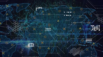 Animation of data processing and world map over dark background - Powered by Adobe