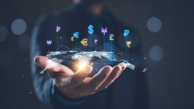 A hand holds global currency symbols floating above a connected world map network