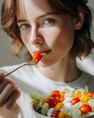 Inspiring healthy eating woman enjoying salad in natural light kitchen