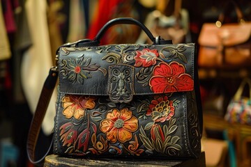 Colorful tooled leather bag with floral design, showcasing craftsmanship and traditional artistry