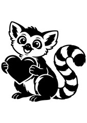 Cute lemur holding black heart vector line art, black and white illustration for engrave, laser engrave and gothic decor