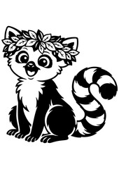 Cute lemur with leaf wreath vector line art, black and white illustration for engrave, laser engrave and nature decor