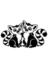 Two cute lemurs hugging vector line art, black and white illustration for engrave, laser engrave and friendship decor