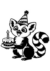 Cute birthday lemur with party hat and cake vector line art, black and white illustration for engrave, laser engrave and birthday decor