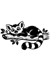 Cute smiling lemur lying on branch vector line art, black and white illustration for engrave, laser engrave, prints and creative projects