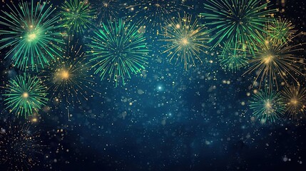 Green and Gold Fireworks Celebration Background with Copy Space