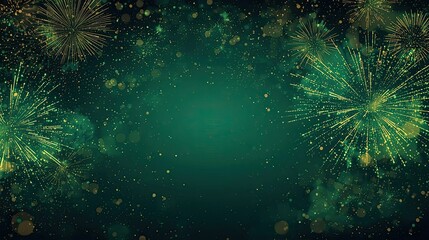Green and Gold Fireworks Celebration Background with Copy Space