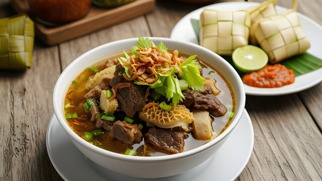 Coto daging sapi dengan ketupat diatas meja