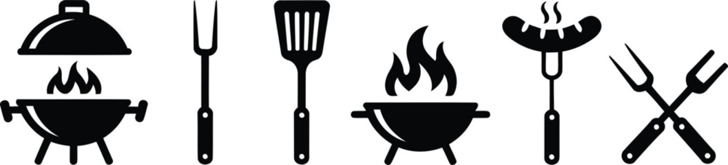 A collection of black barbecue icons featuring a grill, spatula, forks, and a sausage