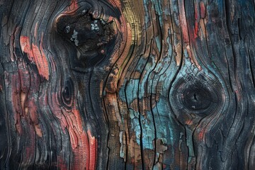 Close up view of a weathered wood plank revealing its intricate grain, knots, and remnants of peeling paint in an array of colors