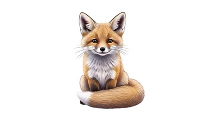 Fototapeta premium Illustration of a Cute, Realistic Red Fox with a Fluffy Tail Sitting and Facing Forward on a White Background.