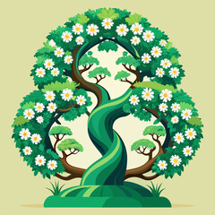 A whimsical illustration of a vibrant tree adorned with delicate white daisies