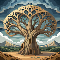 A fantastical tree with a porous structure stands against a dramatic sky