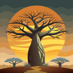 African savanna landscape with a large baobab tree at sunset