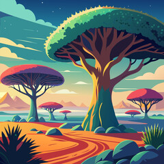 A vibrant illustration of unique umbrella thorn trees against a desert landscape