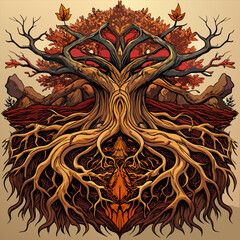 An artistic depiction of a tree face formed by roots and branches