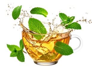 A clear glass teacup with liquid overflowing, surrounded by water droplets and floating green leaves