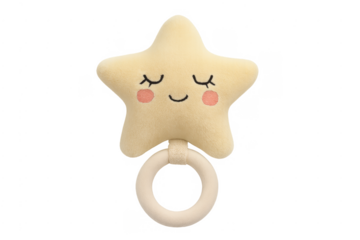 Plush star baby rattle toy with wooden ring