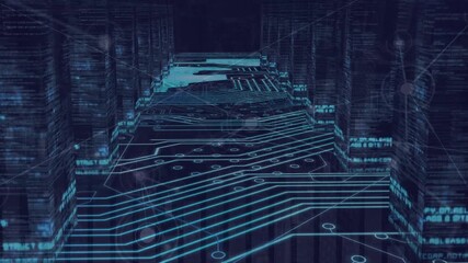 Animation of data processing with connecting dots, hud elements on digital interface in server room - Powered by Adobe