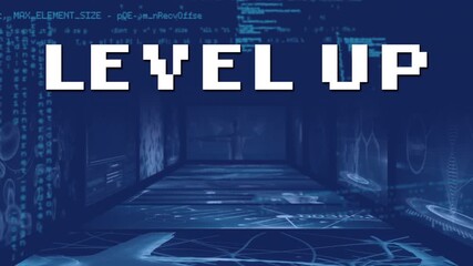 Animation of high score text and data processing over office - Powered by Adobe