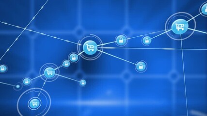 Animation of network of connections with icons over doctors desk with mouse and stethoscope - Powered by Adobe