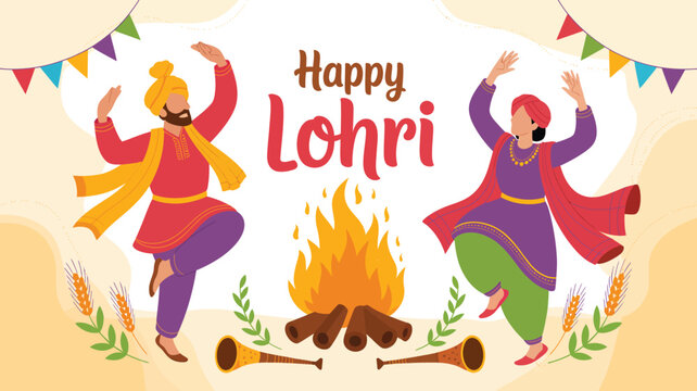 happy lohri festival illustration with punjabi folk dancers bonfire and traditional elements indian winter harvest celebration design