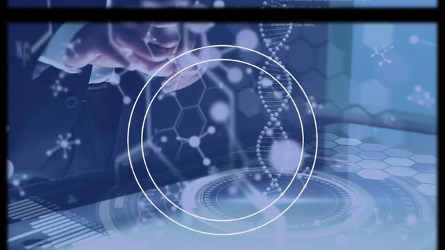 Animation of video tape, scientific data and dna over hands of caucasian man using touchscreen