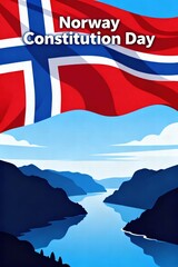 Norway Constitution Day celebration with flag and scenic fjord background  