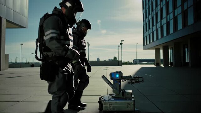 Bomb squad technicians walking past disposal robot