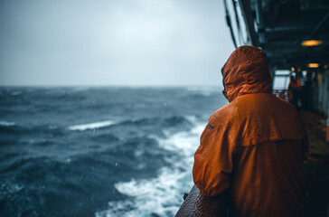 Fisherman or deckhand in orange rain gear looking out at the stormy ocean from a ship deck, commercial maritime travel and seafaring adventure in rough rainy weather