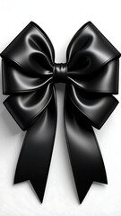 A close-up shot of a meticulously rendered black satin bow against a stark white backdrop, emphasizing the glossy texture