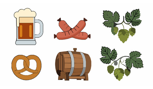 Minimal Oktoberfest food and beer icons flat vector set
