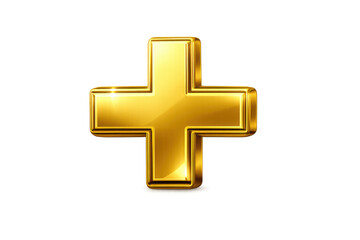 Obraz premium Golden 3d plus sign symbol shining on transparent background, representing addition, positive value, and medical concepts