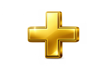 Golden 3d plus sign symbol shining on transparent background, representing addition, positive value, and medical concepts