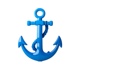 A 3D render of a glossy blue anchor with a rope, set against a solid black background. The object is centered