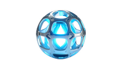A 3D render of a futuristic, hollow sphere. The outer metallic shell encases a glowing, turquoise interior, set against a dark backdrop