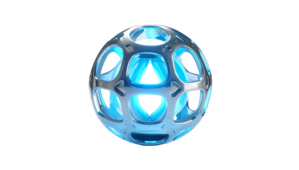 A 3D render of a futuristic, hollow sphere. The outer metallic shell encases a glowing, turquoise interior, set against a dark backdrop