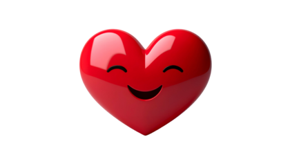 A 3D render of a glossy red heart with a happy face, featuring a rounded shape on a stark black background