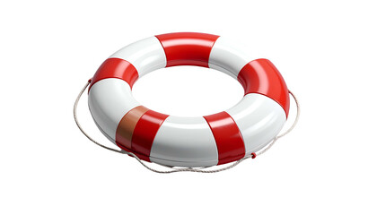 A 3D render of a life buoy, featuring alternating bands of red and white, with a rope around the circumference