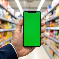 A hand holding a phone with a green screen in a grocery aisle, food shelves blurry in the background