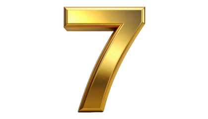 A 3D render of the number seven, rendered in gold, set against a black backdrop. The numeral is glossy and shiny