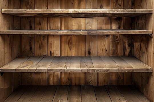 Empty wooden shelves are waiting to be filled, creating a rustic and charming atmosphere