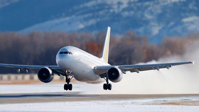 A stunning display of aviation prowess as a powerful jet gracefully takes off from a snow-covered runway, showcasing the dynamics of flight against a breathtaking mountainous backdrop.