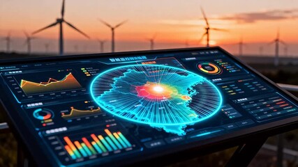 Wind farm data dashboard at sunset - Powered by Adobe