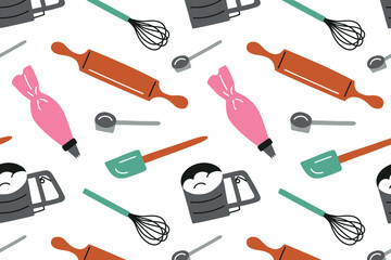 Seamless pattern with baking and cooking tools in cute doodle style, vector flat cartoon illustration. Rolling pins, whisks and pastry tools for culinary themes, kitchen design, packaging, textiles