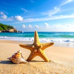A close-up beach scene features a starfish and seashell on sun-kissed sand, with ocean & sky providing background