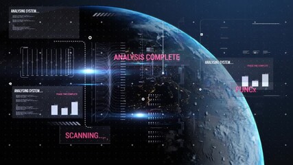Animation of infographic interface with programming language over lens flares and rotating globe - Powered by Adobe